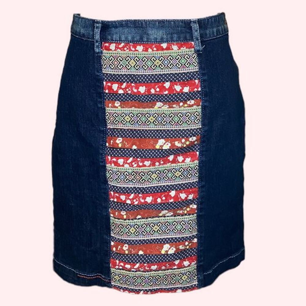 ANTHROPOLOGIE HOLDING HORSES ribbonrow patchwork denim skirt size waist 25